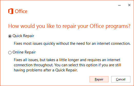 ms office repair from control panel 1