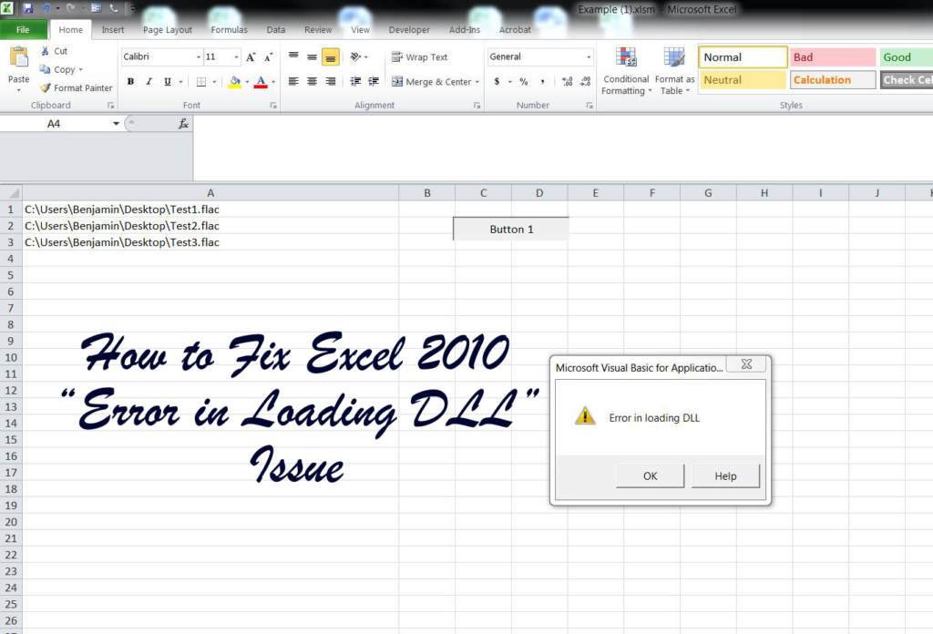 Excel 2010 Error in loading DLL