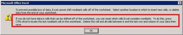 Excel Cannot Shift Nonblank Cells Off Of The Worksheet