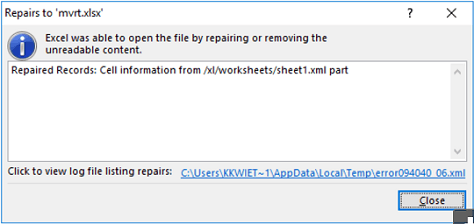 Excel was able to open the file by repairing or removing unreadable content