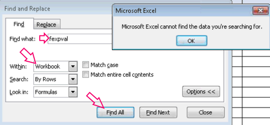 Microsoft Excel cannot find the data you're searching for.