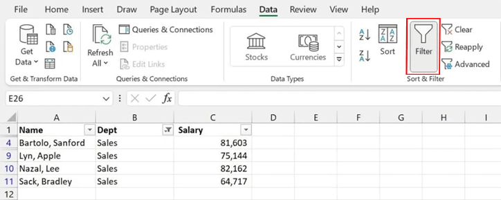 filter not working in excel
