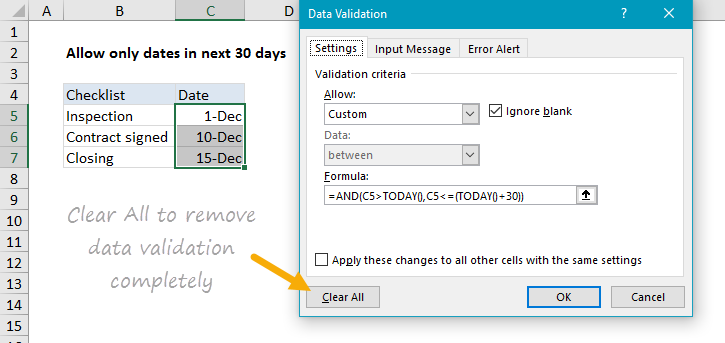 Clear all to remove data validation completely