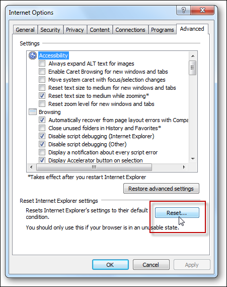 Reset Internet Explorer settings 1