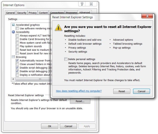 Réinitialiser les paramètres d'Internet Explorer 2
