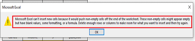 Microsoft Excel can't insert new cells