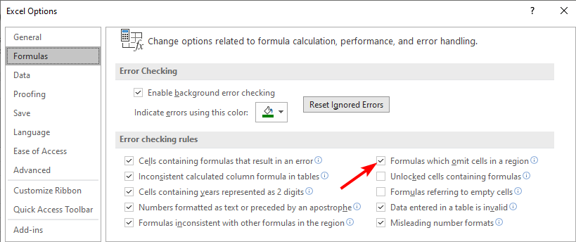 Formulas that omit cells in a region
